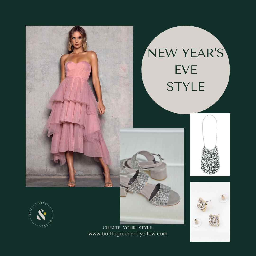 Mood Board women in dusty pink dress with shoestring straps and a flounced skirt; sndals with rhinstones, crystal square stud earrings and a silver sac style evening bag