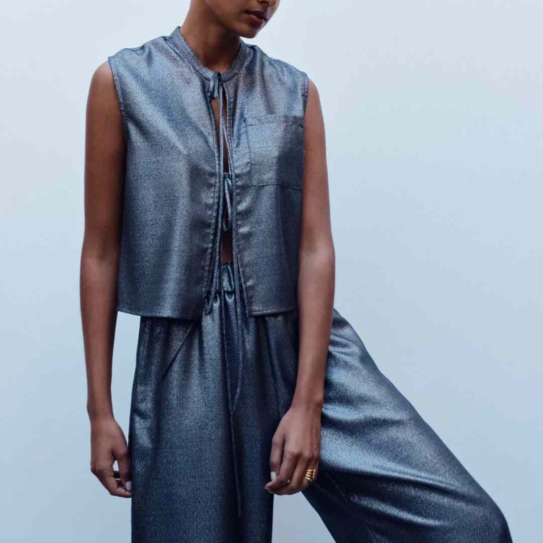 Women wearing smoky blue satine waist coat style vest and pant