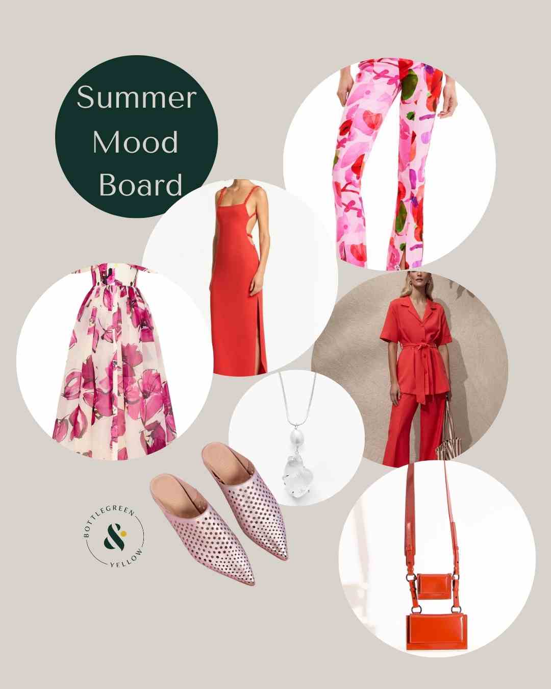 Mood board with six images; a pair of pink floral pants; red backless maxi dress; floral maxi dress with shestring straps; pearl necklace on a silver chain; pink mules; red safari style pants suit; red cross body bag